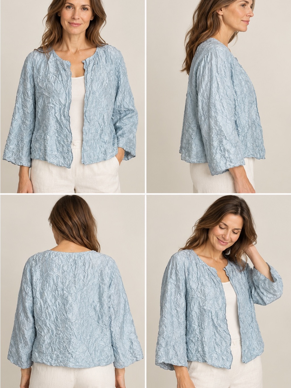 Eileen Fisher L 100% Silk Crinkle Jacket Blue Open Front Lightweight Art-to-Wear